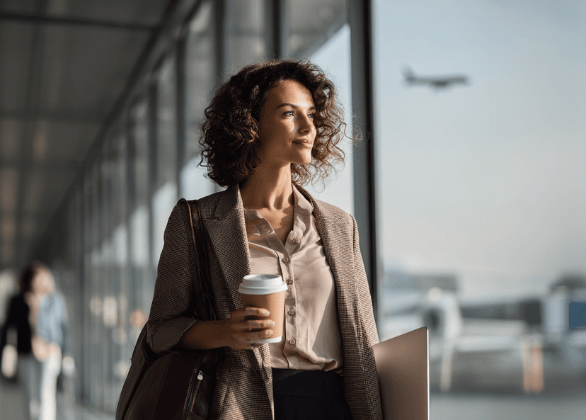 A woman with curly brown hair at an airport, holding a laptop and a coffee cup, with a leather bag over her shoulder, smiling slightly
