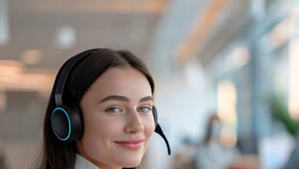 Mitarbeiterin mit Headset am Arbeitsplatz