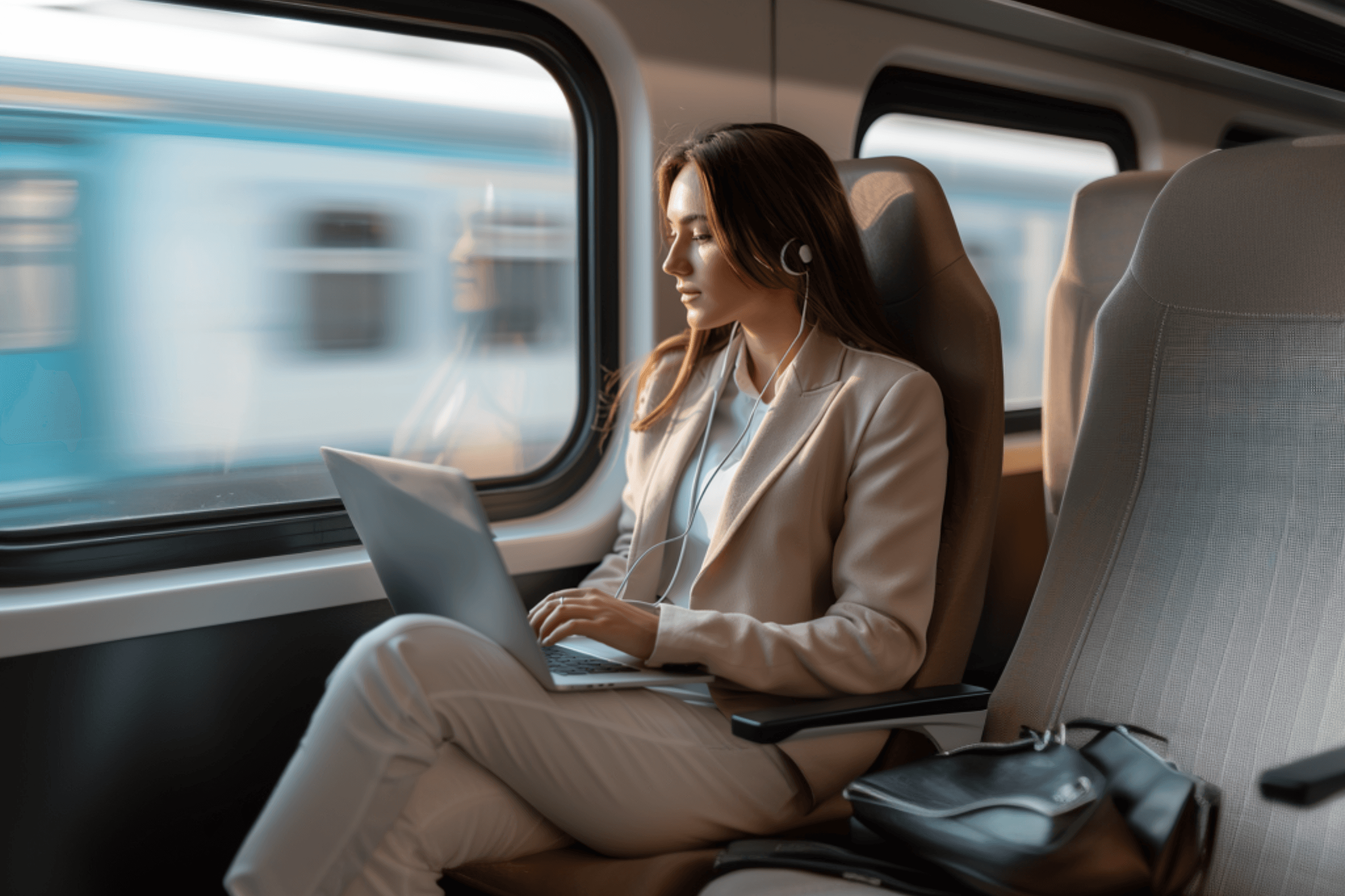 Geschäftsreisende mit Kopfhörern arbeitet am Laptop im Zug.