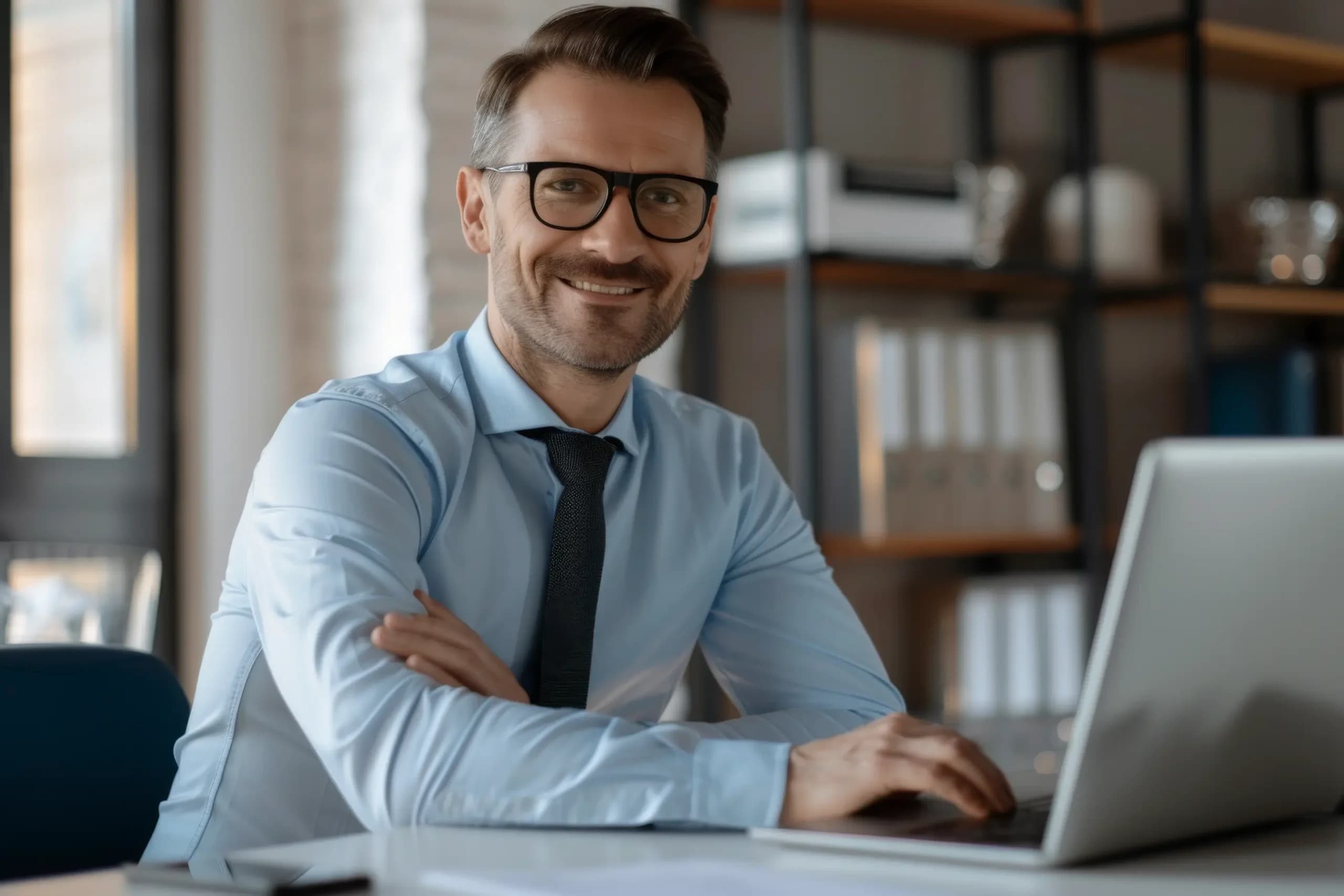 Zufriedener Buchhalter: Effizientes und korrektes Reisekostenmanagement mit automatischer Synchronisation, transparenter Übersicht und fehlerfreier Abrechnung.