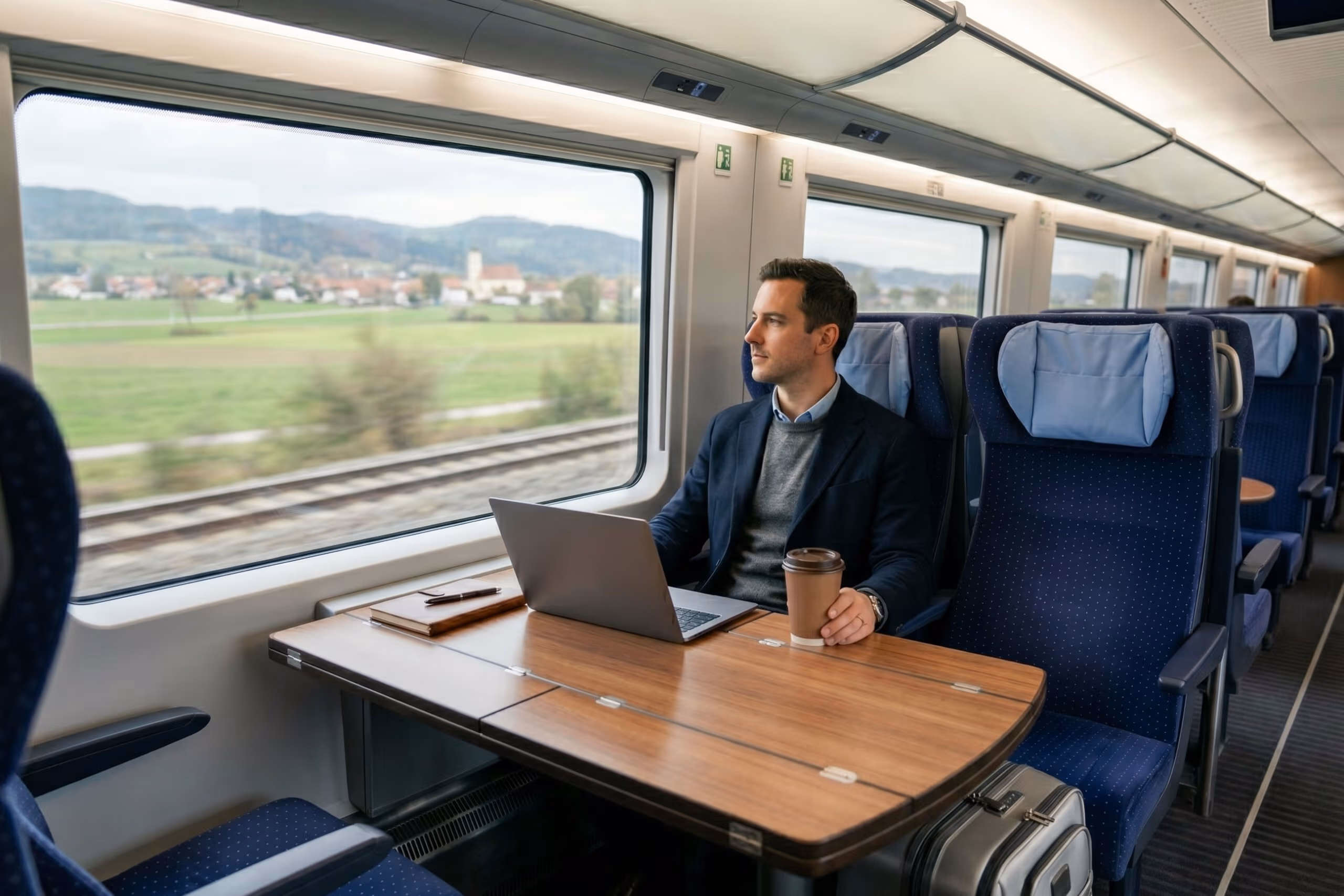 Geschäftsreisender arbeitet im Zug.
