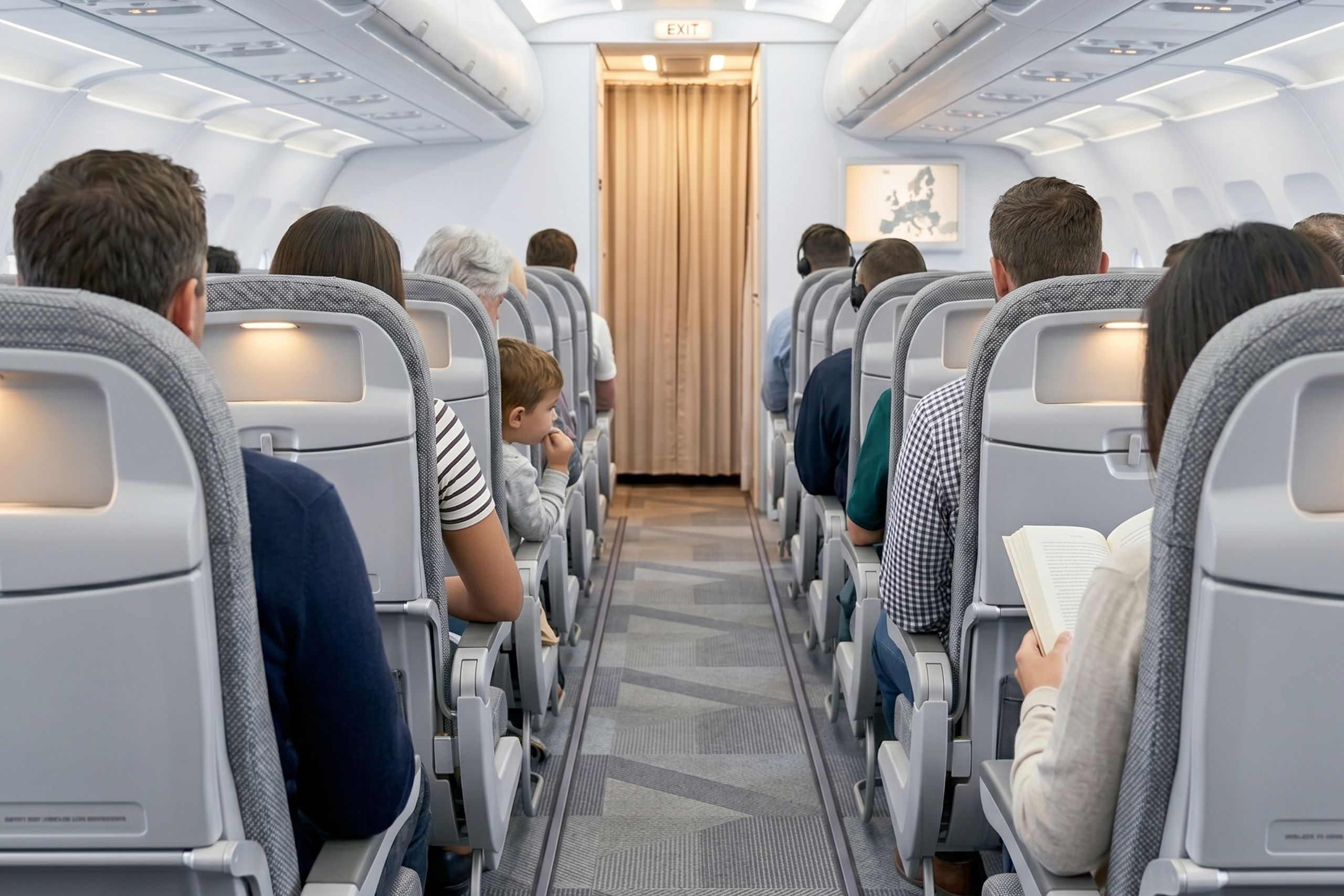 Eine Ansicht aus der Ich-Perspektive den zentralen Gang eines modernen Verkehrsflugzeugs hinunter. Passagiere, von hinten gesehen, besetzen die Reihen der grauen Sitze auf beiden Seiten. Auf der linken Seite sitzt ein Mann im dunkelblauen Pullover und ein Kind, auf der rechten Seite liest eine Frau ein offenes Buch. Am fernen Ende des langen Ganges ist ein beigefarbener Vorhang und ein beleuchtetes "EXIT"-Schild zu sehen, und moderne, lineare LED-Leuchten erstrecken sich über die Decke.