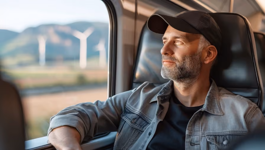 Mann blickt aus dem Zugfenster auf Windräder